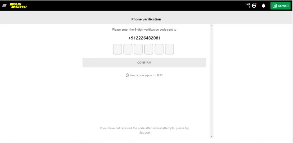 PariMatch Phone verification
